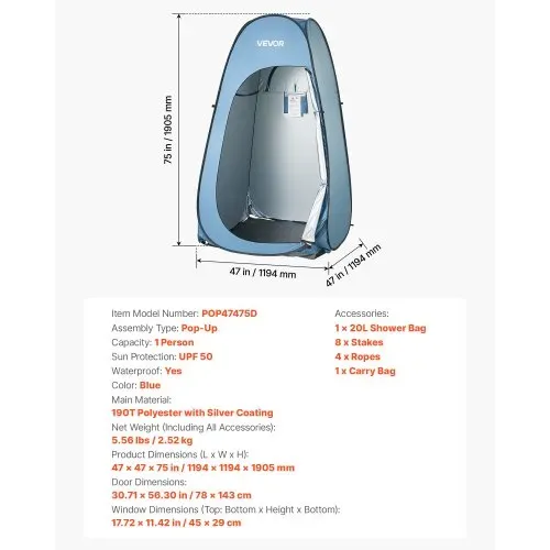 VEVOR Campingzelt Toilettenzelt (1194x1194 x1905 mm) Umkleidezelt inkl. Heringen & Seilen & Tragetasche, Sichtschutzzelt aus 190T Polyester für Camping Strand Angeln Blau – Bild 6