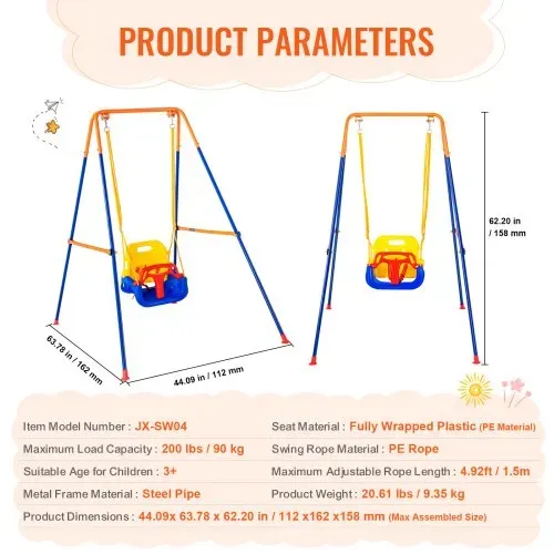 VEVOR Schaukel-Sets für den Garten, 3-in-1-Schaukel-Set für Kleinkinder mit 4 Sandsäcken, faltbarem Metallständer, einfach aufzubauen, Schaukel-Set für drinnen und draußen für Kinder von 3–6 Jahren, Jugendliche von 6–10 Jahren und Teenager ab 10 Jahren – Bild 6