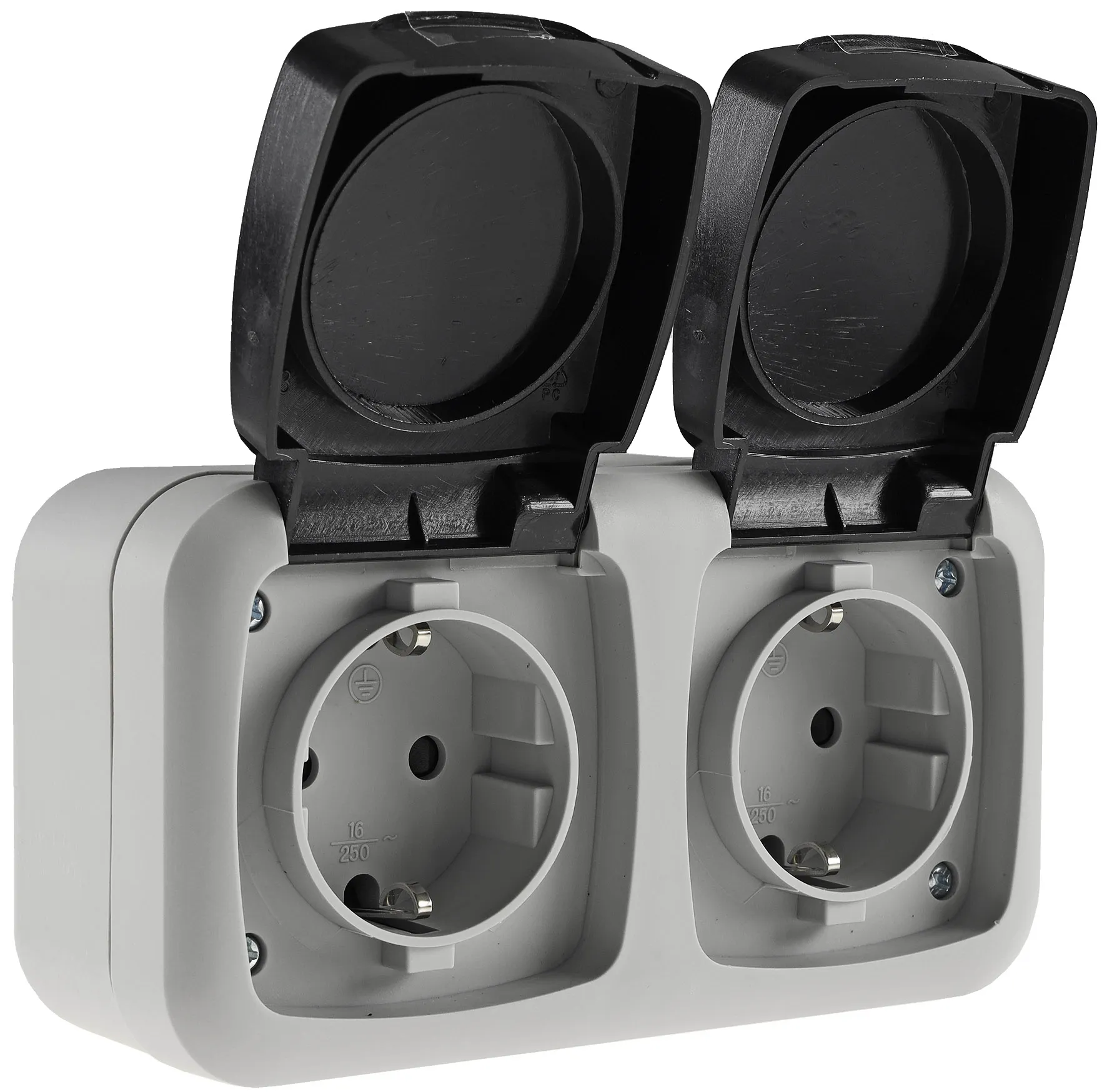 Feuchtraum Doppel-Steckdose, IP44 250V~/ 16A, inkl. AP-Rahmen, grau Feuchtraum Doppel-Steckdose, IP44 250V~/ 16A, inkl. AP-Rahmen, grau
