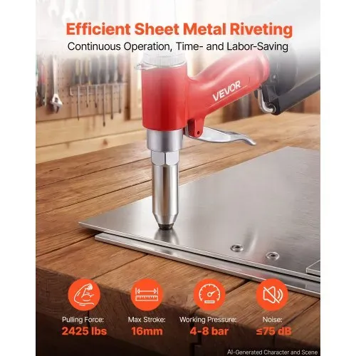 VEVOR Druckluft Nietmutternzange Set mit 4 Nasenstücken 2,4/3,2/4,0/4,8mm, Pneumatische Blindnietzange Set für Automobil Industrie Heimwerkerprojekt, 1100kg Zugkraft, Max. 16mm Hub, 360° Nietengriff – Bild 2