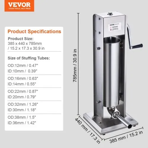 VEVOR Manueller Wurstfüller, 7 l / 15 Pfund vertikale Wurstmaschine, Fleischfüller mit zwei Geschwindigkeiten, aus lebensmittelechtem 304 Edelstahl, inkl. 5 Füllrohren, für Zuhause, Küche, Restaurant, Gewerbe – Bild 6