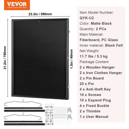 VEVOR 2er-Set Trikot-Vitrine 590 x 790 x 40 mm abschließbare Schattenbox für Sporttrikots mit 98 % UV-Schutz PC-Glas und Kleiderbügeln für Baseball- Basketball- Football- Hockey-Shirts und Uniformen – Bild 6