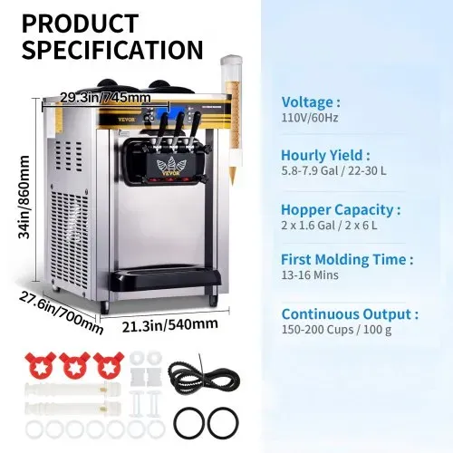 VEVOR Kommerzielle Softeismaschine 2350 W Arbeitsplatte Softeismaschine 22-30 L/Std.Softeismaschine Desktop, Softeismaschine 3 Geschmack mit LCD-Display Eiscrememaschine Speiseeismaschine – Bild 6