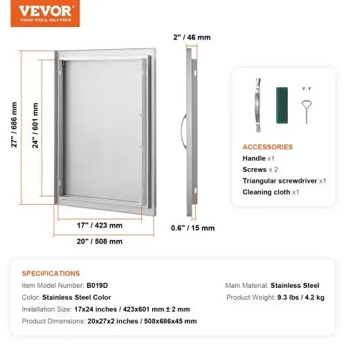 VEVOR Grill-Zugangstür, 508 x 686 mm, Einzelne Außenküchentür, Flächenbündig Montierte Edelstahltür, Vertikale Wandtür mit Griff, für Grillinsel, Grillstation, Außenschrank – Bild 6