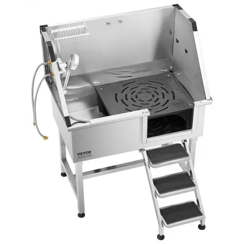 VEVOR Hundewaschstation aus Edelstahl, 961x620x1220 mm Tierpflegewanne mit Ablagetreppe, Wasserhahn, Duschkopf & Seifenhalter, für große, mittelgroße & kleine Haustiere (rechte Tür) – Bild 9