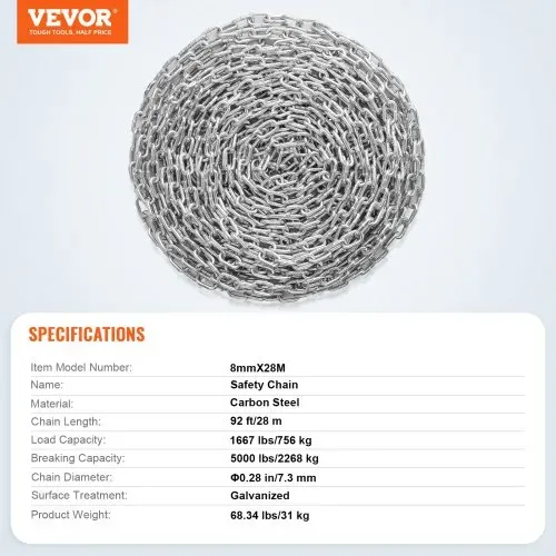 VEVOR Proof Coil Chain, 5/16" x 92', 1667 lbs sichere Arbeitslast, verzinkte, geprüfte Coil Chain mit zwei Schnellgliedern, verzinkte Gliederkette aus Karbonstahl zum Schleppen, Aufhängen, Camping, Schleppen von Haustieren – Bild 6