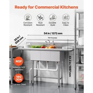 VEVOR Spülbecken mit 3 Becken & 2 Abtropfflächen & Spritzschutz, Küchenspüle (1372 x 508 x 1097 mm), Küchenspüle für Restaurants Imbisswagen Privaten Gebrauch, Edelstahlspüle Silber VEVOR Spülbecken mit 3 Becken & 2 Abtropfflächen & Spritzschutz, Küchenspüle (1372 x 508 x 1097 mm), Küchenspüle für Restaurants Imbisswagen Privaten Gebrauch, Edelstahlspüle Silber