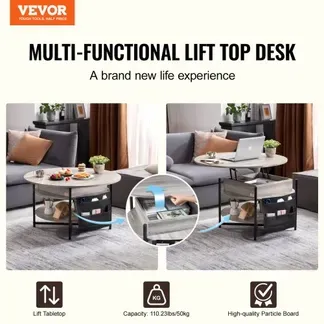 VEVOR Couchtisch mit anhebbarer Platte, 35,3 Zoll runder Couchtisch mit zusätzlichen Aufbewahrungstaschen, aufklappbarer Couchtisch für das Wohnzimmer, weiß VEVOR Couchtisch mit anhebbarer Platte, 35,3 Zoll runder Couchtisch mit zusätzlichen Aufbewahrungstaschen, aufklappbarer Couchtisch für das Wohnzimmer, weiß