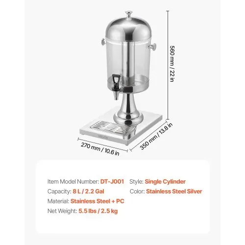 VEVOR Getränkespender (1 x 8 L) für Partys Saftspender (aus Edelstahl + Polycarbonat) mit tropfsicherem Zapfhahn & Sockel Wasserspender für Restaurants Partys, Limonade Eistee Spender – Bild 6