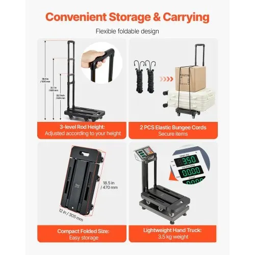 VEVOR Sackkarre klappbar, 227 kg Tragkraft, Transportkarre mit 6 Rädern, 2 elastischen Seilen & erweiterbarer Basis, Transportwagen für Flughafen, Reisegepäck, Büroumzüge, Schwarz, 560x305x1010 mm – Bild 2