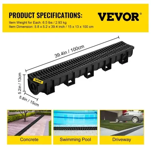 VEVOR Dachrinnen-Set, 3er-Pack, Entwässerungsrinne, HDPE-Kunststoff-Gitterrost-Grabenentwässerungssystem 15x13x100cm, mit 3 Endkappen, Steckverbindung, für Gartenablauf, Auffahrt, Pool, Gehweg – Bild 6