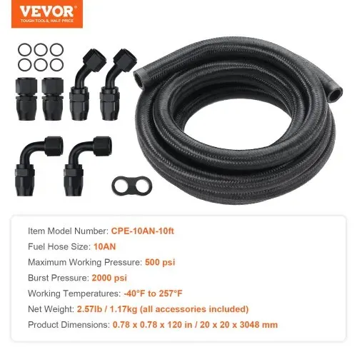 VEVOR 10-AN-Kraftstoffleitungssatz, 3048 mm Kraftstoffschlauchsatz, 13,97 mm-Nylon-Edelstahl-Geflecht-Kraftstoffleitungs-Öl-/Gas-Schlauchendstück-Anschlusssatz 7-teiliger Drehgelenk-Adaptersatz – Bild 6