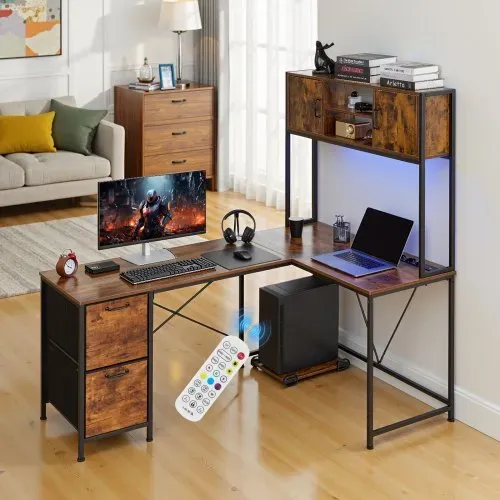 VEVOR Gaming-Schreibtisch L-Förmig, Ecktisch mit LED-Beleuchtung, 1,58 m Eck-Computertisch mit Steckdosen, Verschiebbarem CPU-Ständer & Aufbewahrungsschubladen, PC-Gamertisch für Homeoffice – Bild 7