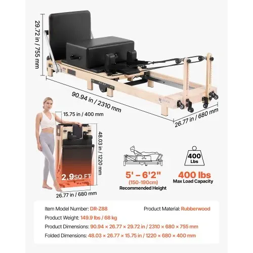 VEVOR Pilates Reformer Gerät Klappbar 2310 x 680 x 755 mm Gummibaumholz für Heimgebrauch & Fitnessstudio, mit Jumpboard, Sitzbox, Verstellbarer Kopfstütze und Leisem Schlittenlauf, 181 kg Belastbar – Bild 6