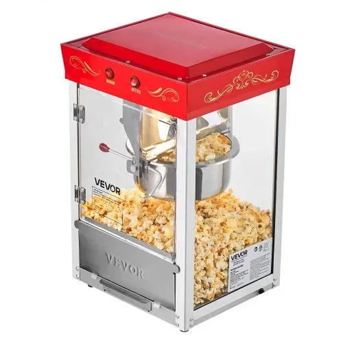 VEVOR Popcornmaschine mit Edelstahlkessel, 800 W kommerzieller Popcornmaker, 48 Tassen pro Ladung, Kinostil, mit 2-Tasten-Bedienung, Glaswand, PC-Tür, 1 Portionierer, 3 Löffel, Rot – Bild 9