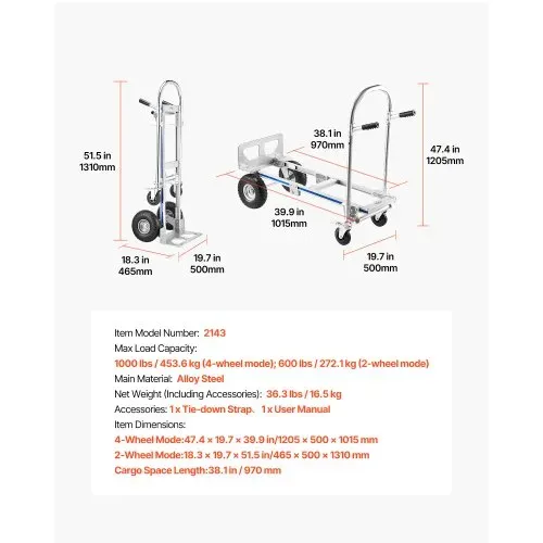 VEVOR 2-in-1-Sackkarre 454 kg, Transportkarre im 4-Rad-Modus, Umwandelbarer Plattformwagen mit Rutschfestem Griff, Tragbarer Handwagen Transportwagen, Trolley für Umzüge, Büro, Lager, Supermarkt – Bild 6