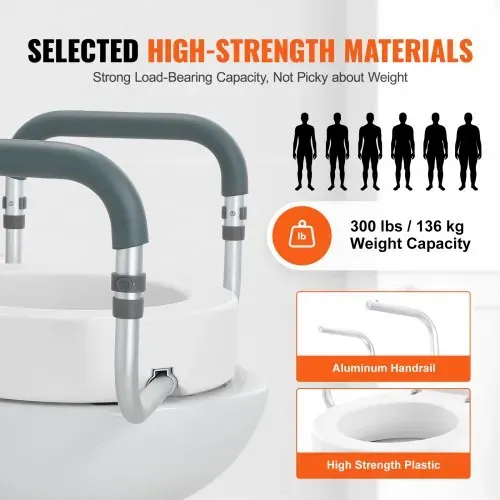 VEVOR Toilettensitzerhöhung, 88,9 mm Hoch, Tragkraft 136 kg, für Runde Standardtoiletten, Aluminium-Handlauf, mit EVA-Armlehnenpolster, für Senioren, Behinderte, Patienten, Schwangere, Mediziner – Bild 4