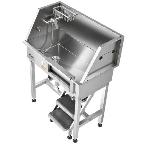 VEVOR Hundewaschstation aus Edelstahl, 870x488x1118mm Haustierpflegewanne bis 100kg mit Rechter Schiebetür & Treppe, Tierbadewanne inkl. Abfluss Duschkopf Seifenhalter für Mittlere & Kleine Haustiere – Bild 9