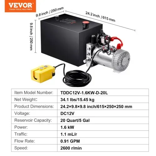 VEVOR Hydraulikpumpe Hydraulikaggregat 12 V Hydraulikaggregat 1600 W, Einfachwirkende Hydraulikpumpe Hydraulic Power Pack, 5 Gal Tank Hand Pump Hydraulikaggregat, für Aufzüge, Gabelstapler usw. – Bild 6