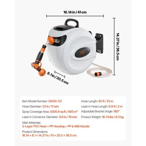 VEVOR Schlauchtrommel Wasser 25mx12mm mit Wandhalterung Tragegriff Schlauchaufroller mit 9-Muster-Sprühdüse & Gartenschlauch 180° Schwenkbar Wand-Schlauchbox mit Aufroll-Automatik Gießen Autowaschen – Bild 6