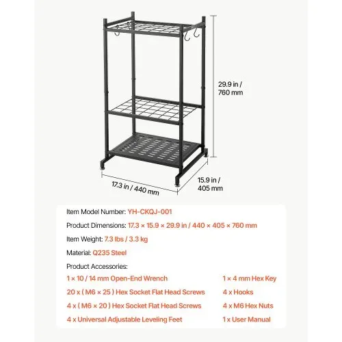 VEVOR Gartengeräte Ständer 440x405x760mm Gerätehalter aus Metall Schwarz, Aufbewahrungsregal für Garage Schuppen Garten, Organizer für Besen Mopp, mit Doppelschichtschlitzen 4 Haken & Nivellierfüßen – Bild 6