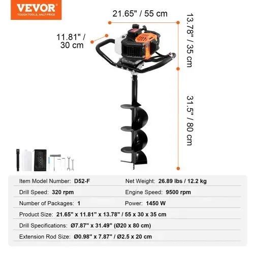 VEVOR Erdbohrer mit Benzinmotor, 52 CC, 1450 W, Benzinbohrer mit 8-Zoll-Bohrkronen und 1 Verlängerungsstange, Lochbohrer für Pfostenzäune für Ackerland, Gartenpflanzen, Orange+Schwarz – Bild 6