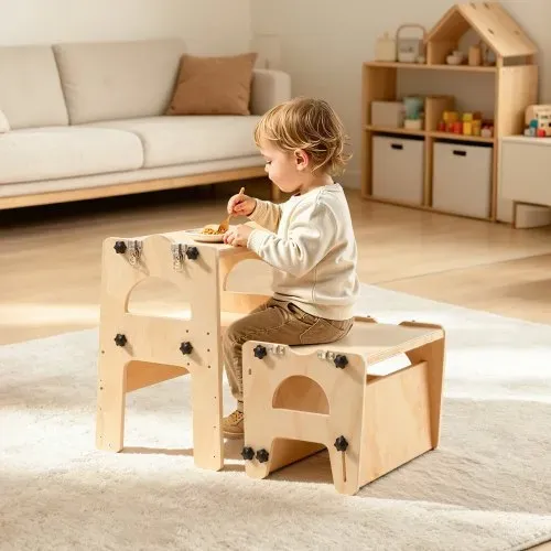 VEVOR Lernturm für Kinder im Alter von 1 bis 5 Jahren, Höhenverstellbarer Lernstuhl aus Holz, Montessori-Tisch- & Stuhlset, Learning Tower mit Tafel & Rückenlehne für Bad & Küchenarbeitsplatte – Bild 7