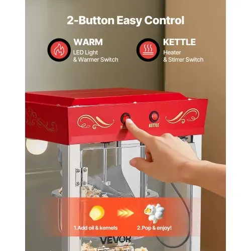 VEVOR Popcornmaschine mit Edelstahlkessel, 800 W kommerzieller Popcornmaker, 48 Tassen pro Ladung, Kinostil, mit 2-Tasten-Bedienung, Glaswand, PC-Tür, 1 Portionierer, 3 Löffel, Rot – Bild 4