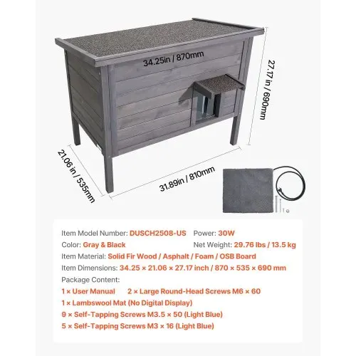 VEVOR Katzenhaus Outdoor 870 x 535 x 690 mm, Katzenhütte aus Holz, winterfeste Katzenhöhle mit 30-W-Heizkissen, PVC-Klapptür & Asphaltdach, Katzenunterstand für 1–3 Katzen im Winter, – Bild 6