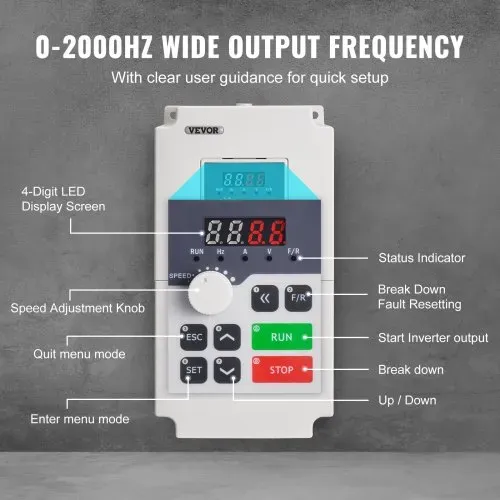 VEVOR Frequenzumrichter VFD 5 PS 4 kW 18 A 1/3 Phasen AC 220 V Eingang auf 3 Phasen AC 0–220 V Ausgang Frequenzumwandler 50/60 Hz Eingang 0–2000 Hz Ausgang VFD zur Drehzahlregelung des Spindelmotors – Bild 2
