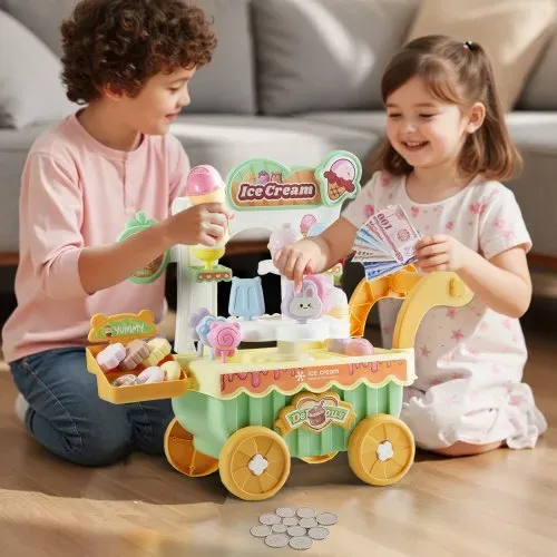 VEVOR Eiswagen, 27-teiliges Zubehör, Eisdiele aus PP, Eisladen mit Aufbewahrungswagen mit Spielgeld, Ton- und Lichteffekten, Montessori-Lernspielzeug, Rollenspiel für Kleinkinder ab 3 Jahren – Bild 7