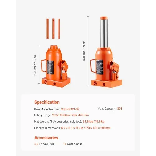 VEVOR hydraulischer Wagenheber 30 t Stempelwagenheber Flaschenwagenheber mit 285-475 mm Hubbereich und 3-teiligem langem Griff, für Auto Pickup Lkw Wohnmobil Autoreparatur Industrietechnik – Bild 6