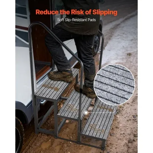 VEVOR Wohnmobiltreppe mit 2 Handläufen (3 Stufen), Standtreppe mit 300 kg Tragkraft, Außentreppe mit Rutschfester Matte für Senioren/Haustiere, Trittstufe für Camper, Mobilheim, Veranda, Pool und Spa – Bild 4