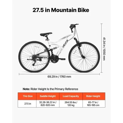 VEVOR Mountainbike für Damen Herren 27,5 Zoll Fahrrad 18-Gang Schwarz Weiß Ideal für Erwachsene, Kohlenstoffstahlrahmen, mit Vollfederung, 120 kg Tragkraft, Klingel, Reflektoren & Verstellbarem Sattel – Bild 6