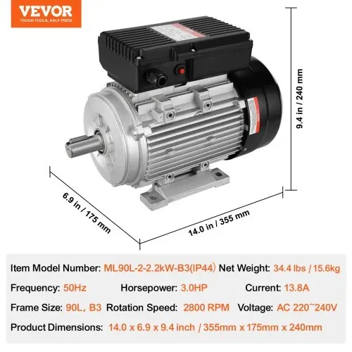 VEVOR 2,2 kW Elektromotor 2800 U/min, Wechselstrom 220–240 V, 13,8 A, 90 l, B3-Rahmen, Luftkompressormotor einphasig, 24 mm Keilwelle, Rechts-/Linkslauf für landwirtschaftliche Maschinen und allgemeine Geräte – Bild 6