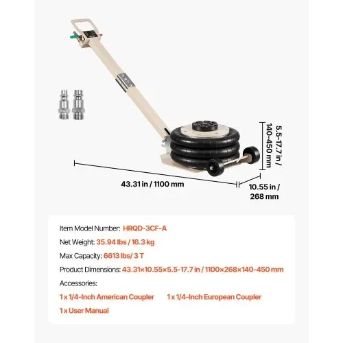 VEVOR pneumatischer Wagenheber 3 t Pneumatikheber mit 6 Stahlrohren & verstellbarem Griff, 140–450 mm Hubhöhe, schnelles Anheben, Druckluftwagenheber Luftheber für Pkw SUVs Pickups – Bild 6