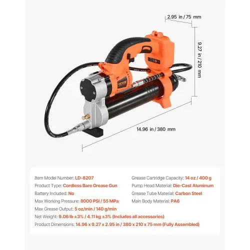 VEVOR Akku-Fettpresse, 55 MPa, Einhandfettpresse mit LED & 90 cm Schlauch, 20 V Akkubetrieb & Auslöser, Kompatibel mit 18V Makita-Akkus, zum Schmieren von Fahrzeugen oder Maschinen (Nur Werkzeug) – Bild 6
