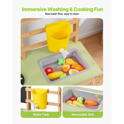 VEVOR Spielküche, Kinderküche, Spielzeugküche mit Löffeln, Spüle, Sonnenschutz, Schwenkrädern, Kochgeschirr & Zubehör, Holzküche, Ideal für Kinder ab 3 Jahren, 880x326x900 mm – Bild 5