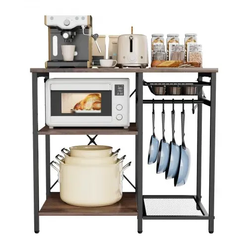 VEVOR Küchenregal Bäckerregal (90 x 40 x 90 cm) mit X-förmiger Stützstange & 5 S-förmigen Haken & Mehrstufigem Ablagefach, Mikrowellenregal für Geschirr Schüsseln Gewürzflaschen Metallregal – Bild 9