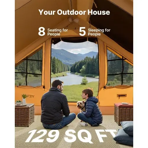 VEVOR Aufblasbares Zelt für Camping, 5-8 Personen Zelt mit Handpumpe, 4x3x2,2 m Glamping-Zelt mit 2 Oberlichtern, Baldachin, Ofenanschluss, 2 Türen, Netzfenstern & Aufbewahrungstasche – Bild 3