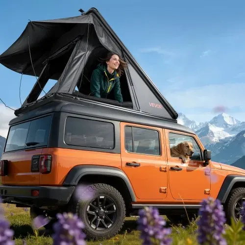 VEVOR Autodachzelt Hartschalen für 2-3 Personen, Autozelt aus Aluminium mit Dreifarbiger LED-Beleuchtung & Dicker Matratze, Wassefest & Windicht, für Jeep SUV Pickup, 250 x 225 x 144 cm (Aufgeklappt) – Bild 7