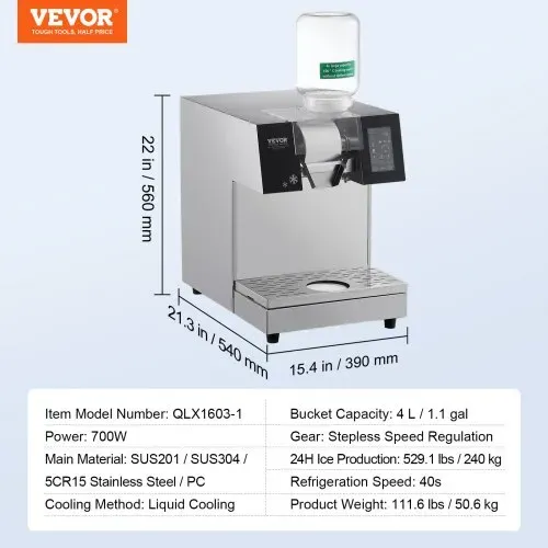 VEVOR Kommerzielle Schneeflocken-Eismaschine Schneeeisbereiter, 240 kg/24h Schneeflocken-Eismaschine, Edelstahl-Eisrasierer, elektrischer Schneekegel-Maker, Flüssigkeitskühlsystem mit Touch-LCD – Bild 6