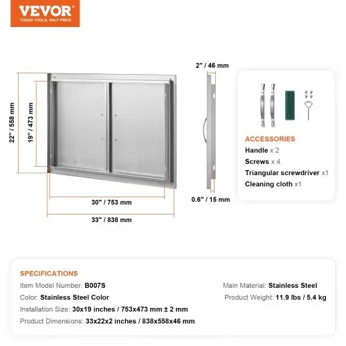 VEVOR Grill-Zugangstür, 838 x 558 x 46 mm, Doppelte Außenküchentür, Flächenbündig Montierte Edelstahltür, Vertikale Wandtür mit Griffen, für Grillinsel, Grillstation, Außenschrank usw. – Bild 6