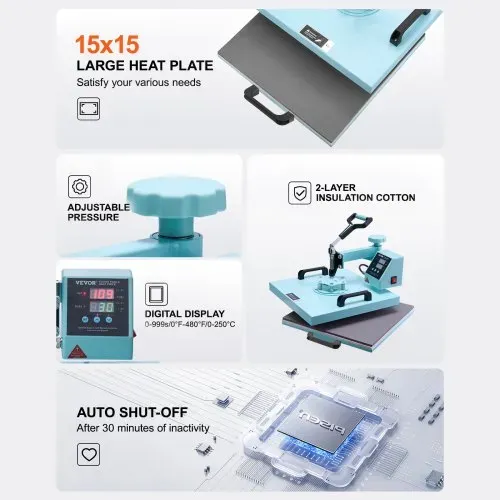 VEVOR Hitzepresse, 15 x 15 Zoll, 5-in-1-Wärmeübertragungsmaschine mit 30-oz-Tumbler-Presse, 360° wegschwenkbares T-Shirt-Pressen, digitale präzise Steuerung, für T-Shirts/Tassen/Hüte/Teller, grün – Bild 5