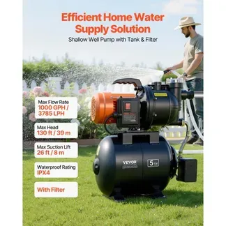 VEVOR Hauswasserwerk 735 W, 3785 L/h Jetpumpe mit 19 L Druckbehälter, 39 m Förderhöhe, inkl. Filter, Rückschlagventil & Kunststoffpumpenkopf, zur Automatischen Gartenbewässerung & Hauswasserversorgung VEVOR Hauswasserwerk 735 W, 3785 L/h Jetpumpe mit 19 L Druckbehälter, 39 m Förderhöhe, inkl. Filter, Rückschlagventil & Kunststoffpumpenkopf, zur Automatischen Gartenbewässerung & Hauswasserversorgung