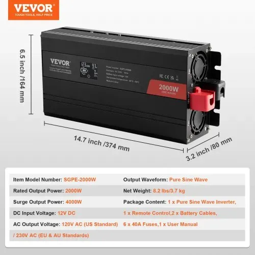 VEVOR Wechselrichter mit reiner Sinuswelle 2000W DC 12V AC 230V Spannungswandler mit 2 AC-Steckdosen 2 USB-Anschlüssen 1 Typ-C-Anschluss LCD-Display und Fernbedienung für mittelgroße Haushaltsgeräte – Bild 6