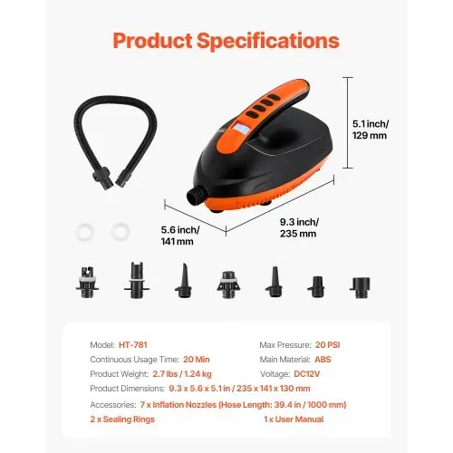 VEVOR Paddleboard Pumpe (20 PSI) elektrische SUP-Luftpumpe mit 70 L/min Aufblasgeschwindigkeit & automatischer Abschaltung & 12 V DC Anschluss, Aufblasen ideal für aufblasbare Paddleboards Zelte – Bild 6