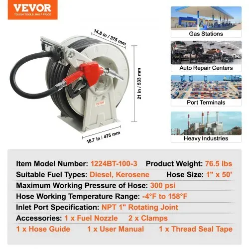 VEVOR Schlauchtrommel 25,4 mm x 15,24 m Schlauchaufroller Luftschlauchtrommel Max. Arbeitsdruck 300 PSI Druckluftschlauchtrommel Diesel Kerosin für Autohäuser Werkstatt Heimstudio Garage – Bild 6