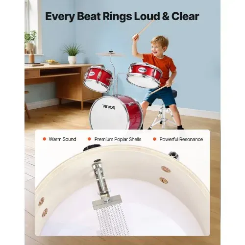 VEVOR Schlagzeug Set, 3-teilig, Drum Kit mit 35,6 cm Bassdrum, 25,4 cm Snare-Drum und 20,3 cm Tom-Toms, Musik-Lern-Schlagzeug-Instrumenten-Set, Ideal für Kinder von 6 bis 13 Jahren (rot) – Bild 3