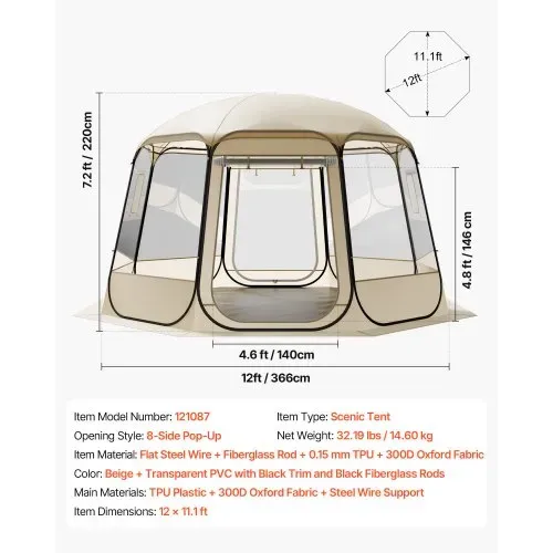 VEVOR Pop-up-Bubble-Zelt, 366 x 345 x 220 cm, transparentes Campingzelt, Garten-Kuppel-Iglu-Zelt mit Fenstern, Sportzelt, 540°-Panoramablick, für 10–12 Personen, Terrasse, Hinterhof – Bild 6